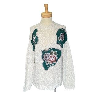 𝅺FLORAL Winter Sweater-Women's Sweater-Knit Jumper-Boho Knit-Beige Sweater- L